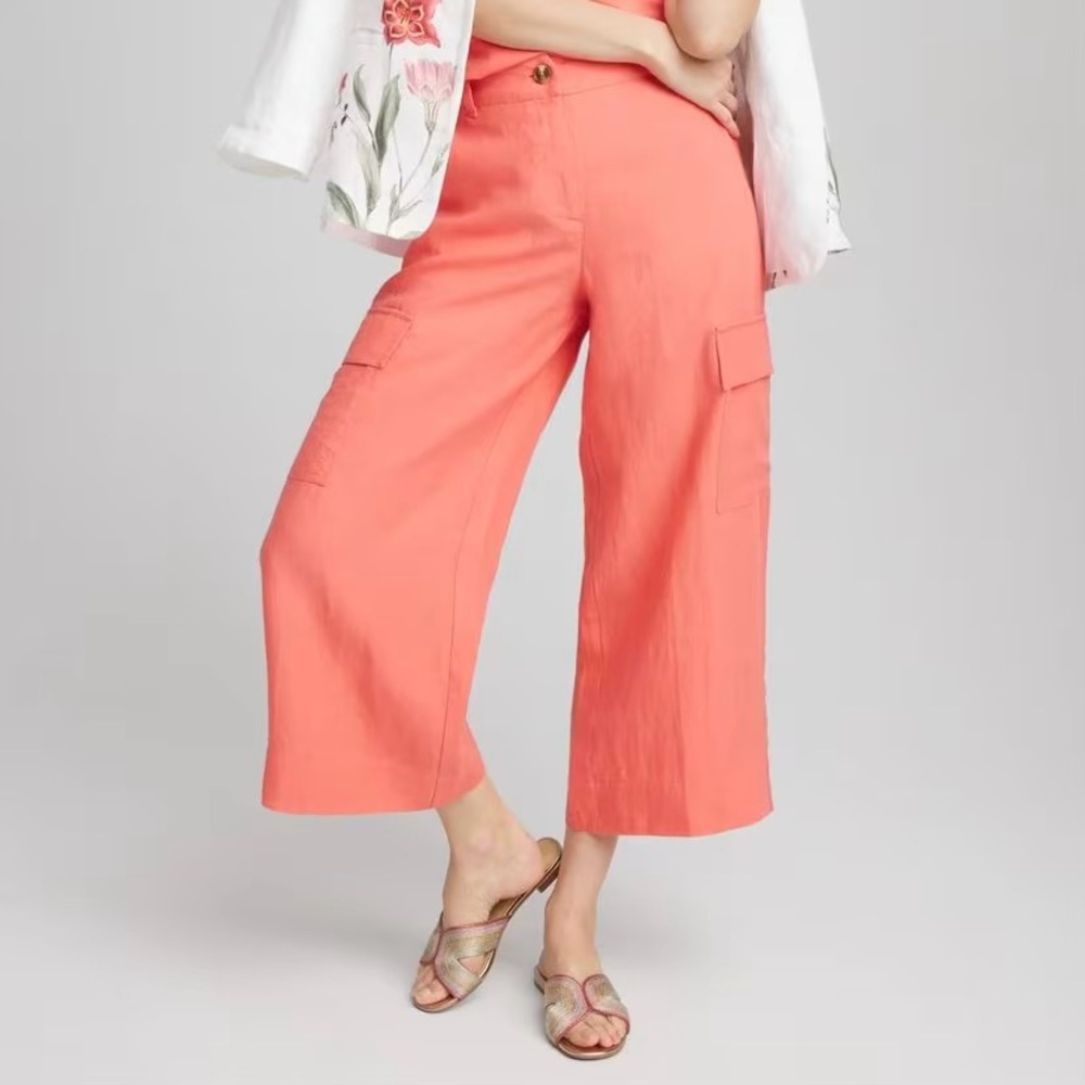 NWT Chico Linen Cargo Wide-Leg Cropped Pants Melon Mambo Size 12/14 Large